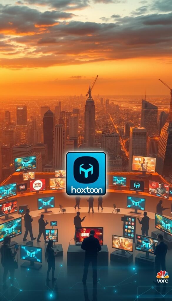 A dynamic scene depicting the evolution of TV streaming in America. In the foreground, a Hoxtoon Provider logo hovers amidst a futuristic array of IPTV services, their icons and interfaces glowing with a sleek, modern aesthetic. The middle ground features silhouetted figures interacting with various streaming devices, conveying the widespread adoption of these technologies. In the background, a panoramic cityscape stretches out, with skyscrapers and infrastructure symbolizing the technological advancements transforming the entertainment landscape. Warm lighting and a sense of progress and innovation permeate the scene, reflecting the transformative impact of IPTV on American media consumption.