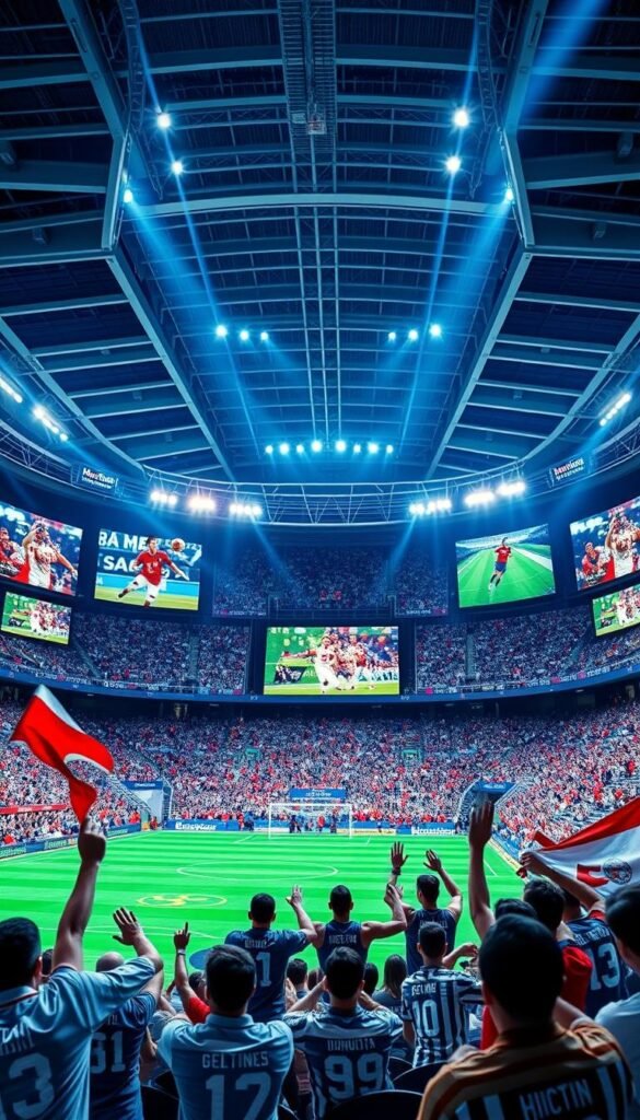 A dynamic sports arena filled with Hoxtoon Provider's cutting-edge IPTV channels displayed on large screens. The foreground features enthusiastic fans cheering and waving team flags, while the middle ground showcases athletes competing in various sports like football, basketball, and soccer. The background depicts an ultra-modern stadium with sleek architectural elements and sophisticated lighting that creates a vibrant, energetic atmosphere. The image conveys the unparalleled sports viewing experience offered by Hoxtoon Provider, catering to avid fans across diverse sporting events.