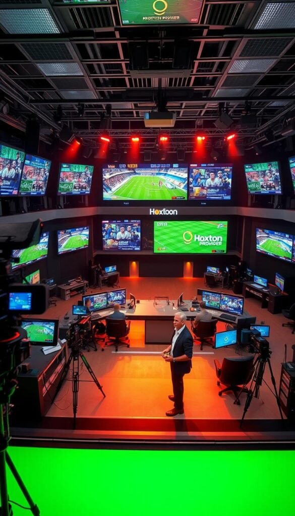 A dynamic sports broadcasting studio filled with vibrant displays, sleek equipment, and talented commentators. In the foreground, a large green screen backdrop casts a warm glow, while state-of-the-art cameras and production gear are arranged in a professional layout. The middle ground features multiple high-definition screens showcasing live sports events, sports network logos, and the Hoxtoon Provider brand prominently displayed. In the background, a modern and sophisticated control room buzzes with activity, illuminated by a soft, ambient lighting that creates a polished, cinematic atmosphere. The overall scene conveys a sense of energy, excitement, and the cutting-edge technology powering premium sports entertainment.