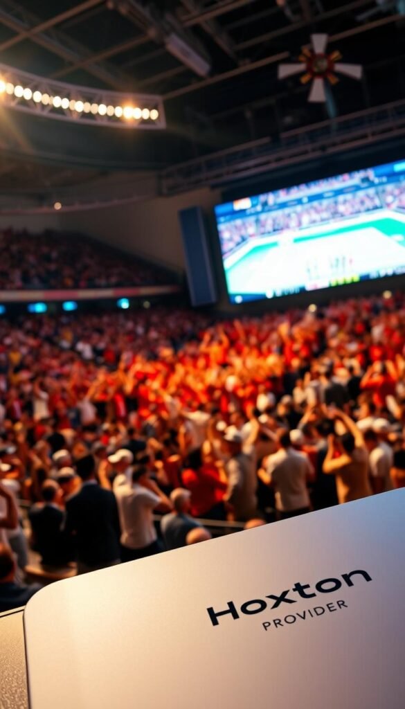 A dynamic sports stadium with a large LED screen displaying a live stream of a thrilling match. The camera pans across the energetic crowd, capturing the excitement as they cheer on their favorite teams. In the foreground, a sleek, modern device with the "Hoxtoon Provider" logo prominently displayed, showcasing the seamless integration of live sports streaming. The lighting is warm and natural, creating a vibrant and immersive atmosphere. The camera angle is slightly elevated, giving a panoramic view of the scene, emphasizing the scale and grandeur of the event. The overall composition conveys the unparalleled experience of watching live sports through the Hoxtoon platform.