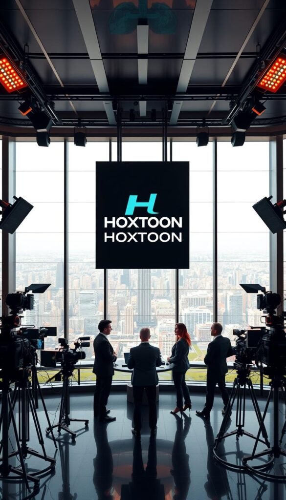 A dynamic sports studio with a sleek Hoxtoon Provider logo prominently displayed on a large screen. Anchors in professional attire stand before an array of high-tech cameras and equipment, ready to deliver the latest sports updates and coverage. The scene is bathed in a warm, cinematic lighting, creating a sense of energy and authority. In the background, a panoramic view of a bustling city skyline can be seen through floor-to-ceiling windows, emphasizing the global reach and significance of the Hoxtoon IPTV sports broadcast. The overall composition conveys a professional, cutting-edge, and visually striking image that effectively communicates the capabilities and quality of the Hoxtoon IPTV sports coverage.