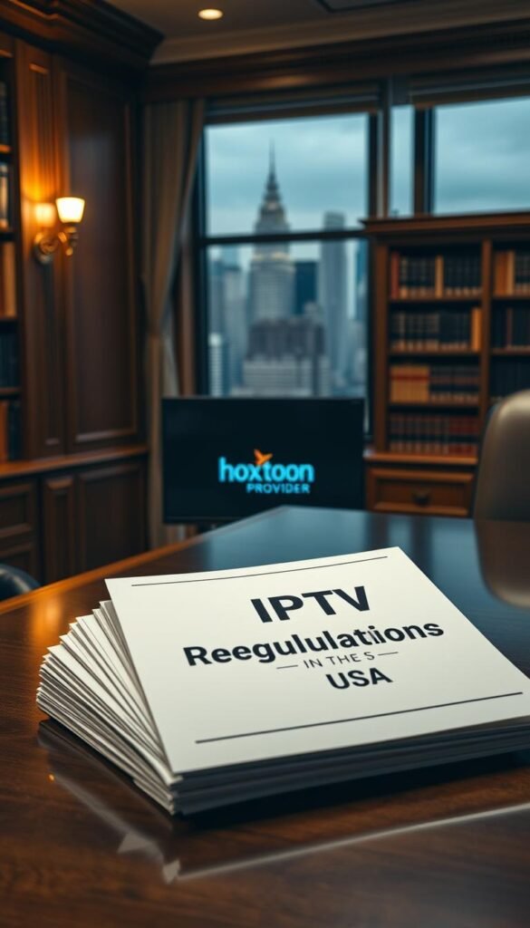 A formal government office interior, dimly lit with warm lighting. On the desk, a stack of papers labeled "IPTV Regulations in the USA" alongside a computer monitor displaying the Hoxtoon Provider logo. Bookshelves line the walls, conveying an atmosphere of authoritative legality. Through the window, a cityscape in the background, suggesting the national scope of these regulations. The overall mood is one of seriousness and professionalism, appropriate for the legal considerations surrounding IPTV services in the United States.