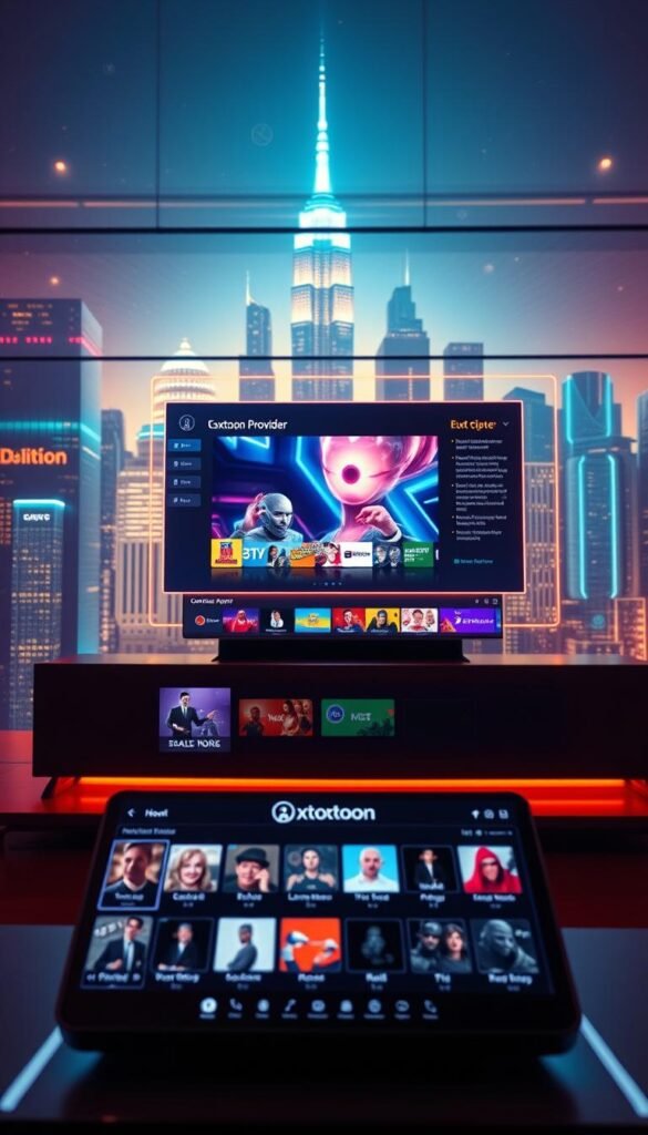 A futuristic and immersive IPTV catch-up feature. In the foreground, a sleek and modern user interface displays a variety of on-demand content options, with a focus on the "Hoxtoon Provider" brand. The middle ground showcases a vivid, holographic projection of a live TV channel, giving the viewer a sense of depth and interactivity. In the background, a glowing, futuristic cityscape sets the scene, hinting at the technological advancements that power this innovative IPTV experience. The lighting is warm and inviting, creating a sense of excitement and anticipation for the future of entertainment. The overall composition conveys a vision of seamless, cutting-edge IPTV technology that puts the user in control of their viewing experience.