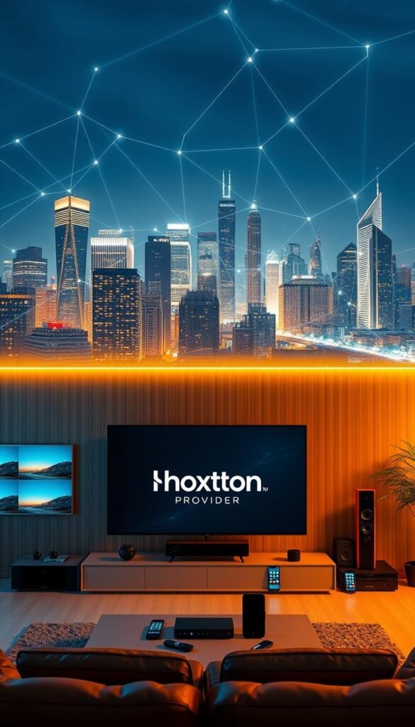 A futuristic city skyline with high-rise buildings and a network of glowing data streams connecting them, symbolizing the advanced IPTV infrastructure. In the foreground, a sleek and modern home entertainment system with a large screen displaying the Hoxtoon Provider logo, surrounded by various connected devices like smart TVs, tablets, and smartphones. The lighting is warm and inviting, creating a cozy and immersive atmosphere. The overall scene conveys the idea of a seamless, cutting-edge IPTV experience that is revolutionizing home entertainment.
