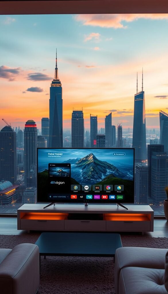 A futuristic cityscape at dusk, with towering skyscrapers and a vibrant, neon-lit skyline. In the foreground, a sleek, modern television screen showcases the Hoxtoon Provider IPTV interface, displaying a crisp, 4K nature documentary. The screen is surrounded by sleek, minimalist furniture, creating a cozy, high-tech living room atmosphere. Soft, ambient lighting casts a warm glow, complementing the futuristic aesthetic. The scene conveys the evolution of television, transitioning from traditional cable to the seamless, immersive experience of IPTV streaming.