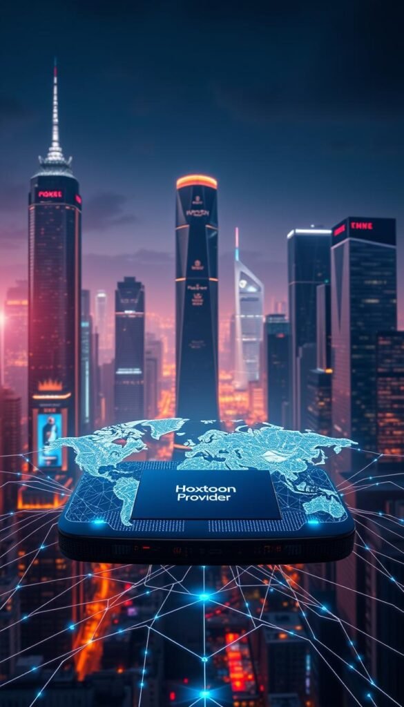 A futuristic cityscape at night, with towering skyscrapers and neon-lit IPTV interfaces hovering in the air. In the foreground, a sleek device emblazoned with the "Hoxtoon Provider" logo projects a holographic map of the world, showcasing the vast array of streaming content available. The middle ground features an intricate web of data connections, pulsing with energy, while the background is bathed in a warm, ambient glow, creating a sense of technological wonder and advancement. The scene conveys the power and evolution of IPTV streaming services, ready to deliver an uninterrupted, immersive viewing experience. A futuristic cityscape at night, with towering skyscrapers and neon-lit IPTV interfaces hovering in the air. In the foreground, a sleek device emblazoned with the "Hoxtoon Provider" logo projects a holographic map of the world, showcasing the vast array of streaming content available. The middle ground features an intricate web of data connections, pulsing with energy, while the background is bathed in a warm, ambient glow, creating a sense of technological wonder and advancement. The scene conveys the power and evolution of IPTV streaming services, ready to deliver an uninterrupted, immersive viewing experience.