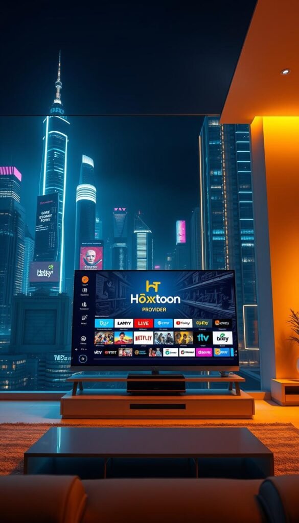A futuristic cityscape with skyscrapers and billboards, bathed in a neon glow. In the foreground, a sleek, minimalist living room setup with a large flatscreen TV displaying a dynamic IPTV interface. The TV is showcasing the Hoxtoon Provider logo, surrounded by a diverse array of live channels and streaming content. The lighting is warm and ambient, creating an immersive, high-tech atmosphere. The camera angle is slightly elevated, providing a panoramic view of the scene, conveying the technological advancements and the evolution of television viewing.