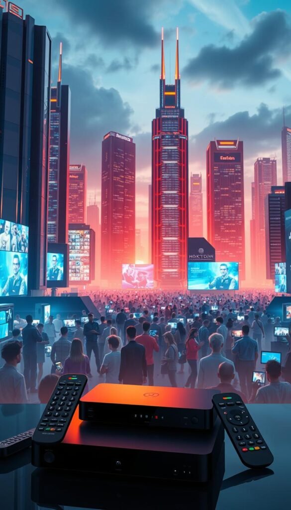 A futuristic cityscape with towering IPTV server towers and holographic displays showcasing the Hoxtoon Provider's cutting-edge IPTV technology. In the foreground, sleek IPTV set-top boxes and remote controls are arranged, highlighting the seamless user experience. The middle ground features a bustling crowd of people interacting with their IPTV-enabled devices, immersed in a world of premium content. The background is bathed in a warm, neon-tinged glow, symbolizing the evolution and innovation driving the IPTV industry. The composition conveys a sense of technological prowess, connectivity, and the promise of an elevated viewing experience.