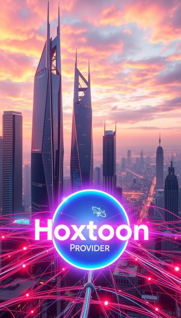 A futuristic cityscape with towering skyscrapers and a sleek, modern aesthetic. In the foreground, a Hoxtoon Provider logo is prominently displayed, glowing with a vibrant, neon-like energy. The middle ground features a network of interconnected cables and satellites, representing the advanced IPTV technology that powers the Hoxtoon service. The background showcases a panoramic view of the city, with a vibrant, colorful sky that evokes a sense of progress and innovation. The entire scene is bathed in a warm, cinematic lighting that creates a visually striking and compelling image.