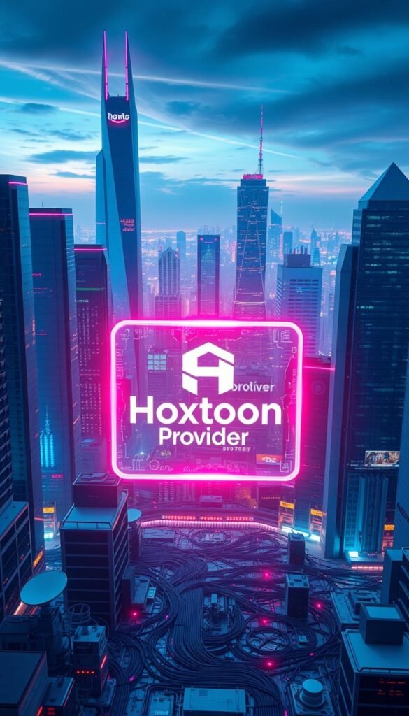 A futuristic cityscape with towering skyscrapers and a sleek, modern aesthetic. In the foreground, a glowing holographic display showcases the Hoxtoon Provider logo, surrounded by data streams and digital interfaces. The middle ground features a complex network of cables, satellite dishes, and server racks, representing the technological infrastructure of IPTV. In the background, a panoramic view of the city skyline is illuminated by a vibrant, neon-tinged atmosphere, conveying the cutting-edge nature of IPTV technology. The scene is captured with a cinematic, wide-angle lens, emphasizing the scale and grandeur of this revolutionary television platform.