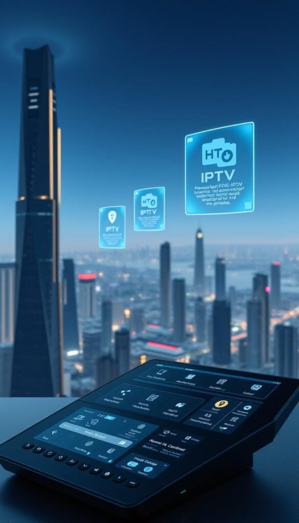 A futuristic cityscape with towering skyscrapers and floating holographic displays showcasing the latest Hoxtoon Provider IPTV offerings. In the foreground, a sleek, angular control panel with touchscreen interfaces and customizable widgets. Soft, diffused lighting creates an atmosphere of technological sophistication. Distant cityscape blends seamlessly with the horizon, hinting at the limitless possibilities of IPTV's evolving ecosystem. The scene evokes a sense of progress, innovation, and the digital age's infinite entertainment potential.