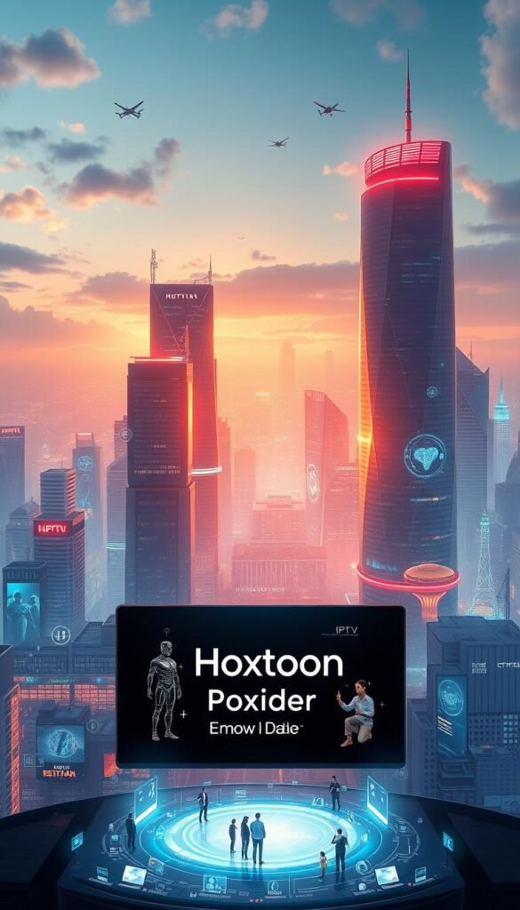 A futuristic cityscape with towering skyscrapers and gleaming holographic displays, bathed in a warm, vibrant glow. In the foreground, a sleek, minimalist user interface showcases the "Hoxtoon Provider" brand, surrounded by icons and visualizations representing the evolution of IPTV technology - seamless streaming, cloud-based content, and personalized recommendations. The middle ground features a bustling metropolis, with people interacting with holographic projections and smart devices, illustrating the seamless integration of IPTV into everyday life. The background depicts a sprawling, hi-tech landscape, with satellites, drones, and advanced communication networks weaving a tapestry of connectivity. The overall scene conveys a sense of progress, innovation, and the promise of a future where IPTV is the centerpiece of a truly immersive, connected television experience.