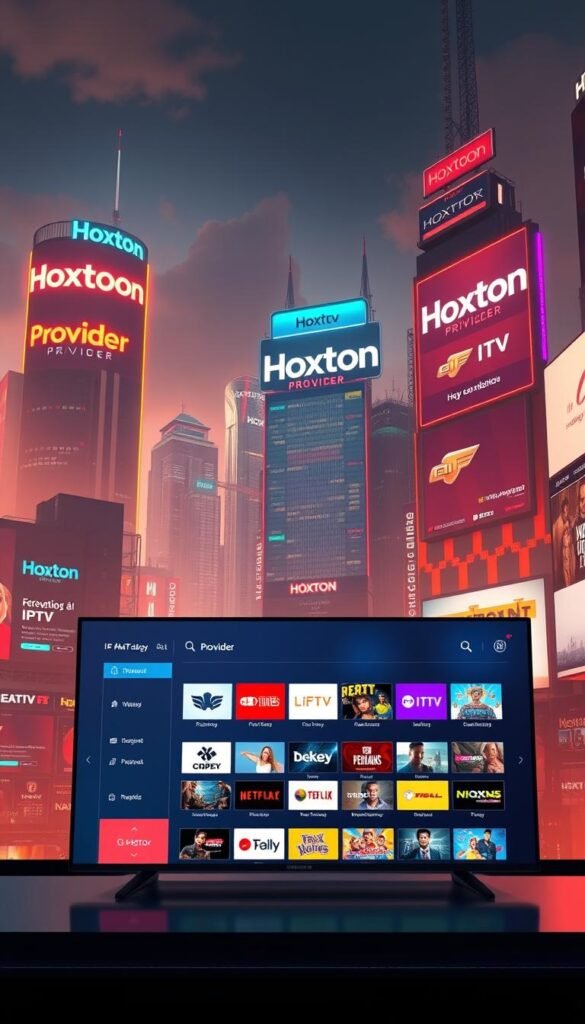 A futuristic cityscape with towering skyscrapers and neon-lit billboards showcasing the "Hoxtoon Provider" brand, alongside other prominent IPTV companies. The scene is bathed in a warm, vibrant color palette, creating an atmosphere of technological innovation and entertainment. In the foreground, a sleek, minimalist user interface displays a diverse selection of live channels and on-demand content, hinting at the vast library and seamless viewing experience offered by Hoxtoon. The overall composition conveys a sense of the IPTV revolution, where cutting-edge technology meets the demand for boundless entertainment.
