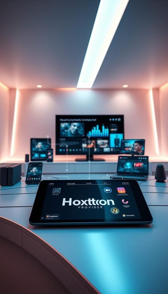 A futuristic control panel displaying six interconnected devices in various shapes and sizes, all seamlessly synced and responsive. The foreground features a sleek, modern tablet with the Hoxtoon Provider logo prominently displayed, surrounded by a range of other devices including a smartphone, laptop, smart TV, gaming console, and a voice-controlled assistant. The middle ground showcases dynamic transitions and data visualizations, highlighting the seamless integration and simultaneous content streaming across the devices. The background depicts a minimalist, high-tech environment with subtle, ambient lighting and clean, angular surfaces, conveying a sense of advanced technology and user-friendly connectivity. The overall scene exudes a polished, sophisticated, and technologically-driven atmosphere. A futuristic control panel displaying six interconnected devices in various shapes and sizes, all seamlessly synced and responsive. The foreground features a sleek, modern tablet with the Hoxtoon Provider logo prominently displayed, surrounded by a range of other devices including a smartphone, laptop, smart TV, gaming console, and a voice-controlled assistant. The middle ground showcases dynamic transitions and data visualizations, highlighting the seamless integration and simultaneous content streaming across the devices. The background depicts a minimalist, high-tech environment with subtle, ambient lighting and clean, angular surfaces, conveying a sense of advanced technology and user-friendly connectivity. The overall scene exudes a polished, sophisticated, and technologically-driven atmosphere.