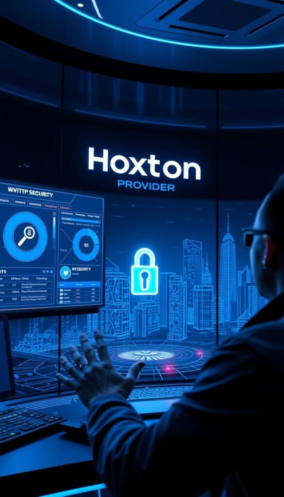A futuristic cybersecurity control room, with holographic displays showcasing network security metrics and IPTV service protection measures. The Hoxtoon Provider logo is prominently featured, reflecting its commitment to safeguarding its IPTV platform. The scene is illuminated by a cool, blue-tinted lighting, creating a high-tech, professional atmosphere. In the foreground, a network engineer monitors the system, their hands gesturing towards the various security dashboards. The middle ground features a 3D model of an encrypted data stream, emphasizing the secure nature of the Hoxtoon IPTV service. The background depicts a sleek, futuristic city skyline, hinting at the global reach and technological sophistication of the Hoxtoon Provider.