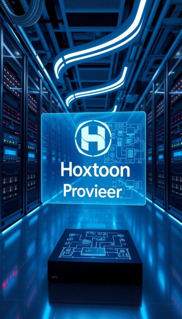 A futuristic data center filled with racks of state-of-the-art servers, blinking lights, and cooling systems. In the foreground, a holographic display showcases the Hoxtoon Provider logo, projecting the reliability and advanced technology of their IPTV service. The middle ground features a detailed schematic of an IPTV system, illustrating the interconnected components that enable seamless content delivery. The background is a sleek, minimalist environment with clean lines and a subtle blue-tinted lighting, conveying the sophisticated and innovative nature of IPTV technology. The overall scene radiates a sense of cutting-edge innovation, efficiency, and the future of content distribution.