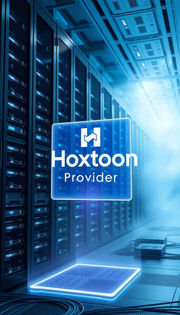 A futuristic data center with towering server racks, glowing blue lights, and sleek, minimalist architecture. In the foreground, a holographic display showcases the Hoxtoon Provider logo, its crisp lines and vibrant colors projecting an image of technological prowess. The middle ground features a network of cables, modems, and streaming devices, all working in harmony to deliver a seamless IPTV experience. The background is shrouded in a hazy, atmospheric lighting, suggesting the boundless possibilities of this cutting-edge entertainment technology. The overall scene conveys a sense of innovation, efficiency, and the promise of a future where television is redefined by the power of IPTV.