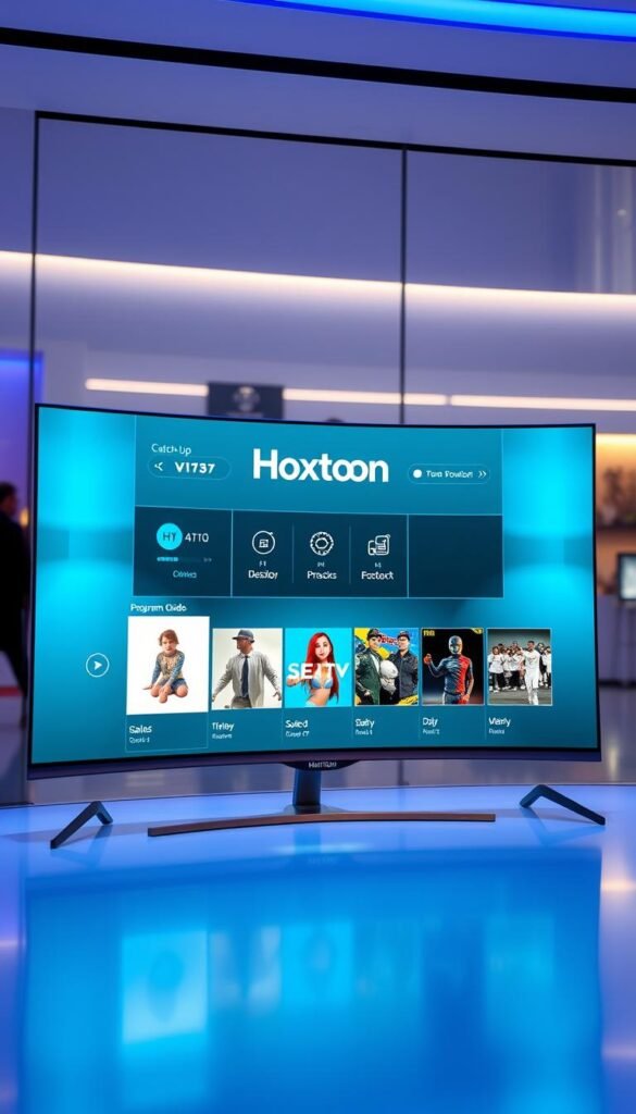 A futuristic, digital IPTV catch-up service interface displayed on a sleek, curved 4K television screen. The interface features the "Hoxtoon Provider" brand prominently, with clean, minimalist icons and menus allowing easy navigation of a wide selection of on-demand content. Soft blue and teal hues create a calming, high-tech atmosphere, with subtle lighting effects highlighting the television's premium design. The middle ground shows a user-friendly program guide, while the background features a blurred cityscape, suggesting the service's wide availability. The overall scene conveys a sense of modern convenience and entertainment at the user's fingertips.