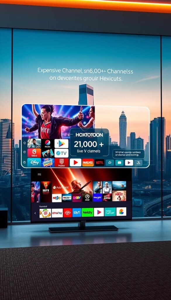A futuristic digital display showcasing the Hoxtoon Provider IPTV subscription service. In the foreground, a sleek, minimalist television set displays a vibrant and diverse array of live TV channels, streaming content, and on-demand options. The middle ground features a floating, holographic interface with intuitive controls and details about the subscription, including the expansive 21,000+ channel lineup and support for 6+ devices. The background is a serene, high-tech cityscape with gleaming skyscrapers, hinting at the cutting-edge technology powering the Hoxtoon IPTV experience. The entire scene is bathed in a soft, warm glow, conveying a sense of premium quality and the ultimate in home entertainment.