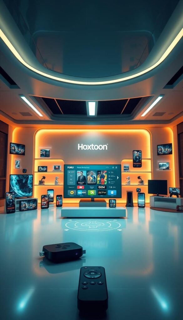 A futuristic digital interface showcasing the multi-device compatibility of the Hoxtoon Provider. In the foreground, a sleek Roku TV displays content, surrounded by a myriad of other devices - smartphones, tablets, laptops, and gaming consoles - all seamlessly connected and streaming Hoxtoon's IPTV services. The middle ground features a minimalist, high-tech control panel with intuitive touch gestures and icons, hinting at the ease of use and cross-platform accessibility. The background depicts a clean, modern space with subtle hints of the Hoxtoon Provider branding, conveying a sense of advanced technology and user-centric design. Warm, indirect lighting and a cool color palette create a sophisticated, futuristic atmosphere.