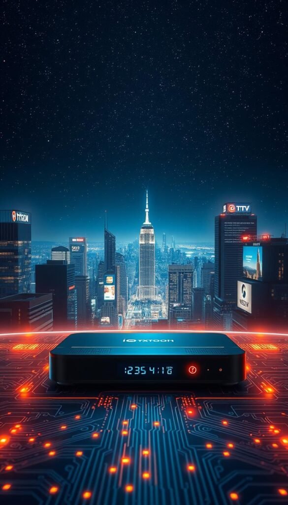 A futuristic digital landscape, illuminated by the glow of a large IPTV interface. In the foreground, a sleek and modern streaming device, the "Hoxtoon Provider", stands as the centerpiece, surrounded by intricate circuit board patterns and glowing data streams. The middle ground features a detailed cityscape, with skyscrapers and neon-lit billboards, reflecting the evolving nature of television entertainment in the digital age. The background is a starry night sky, conveying a sense of boundless possibilities and the limitless reach of digital media. The overall mood is one of technological innovation, connectivity, and the seamless integration of traditional television with the digital world.
