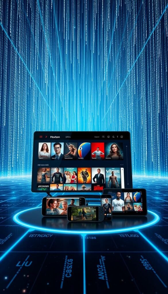 A futuristic digital landscape, with a sleek and modern Hoxtoon Provider interface taking center stage. In the foreground, a high-resolution display showcases a diverse selection of premium IPTV content, ranging from cinematic blockbusters to captivating live events. The middle ground features a trio of smart devices, each seamlessly connected to the Hoxtoon Provider network, highlighting the seamless integration of premium streaming across multiple platforms. In the background, a backdrop of cascading data streams and ethereal lighting creates a sense of technological advancement and the boundless possibilities of the future of IPTV.