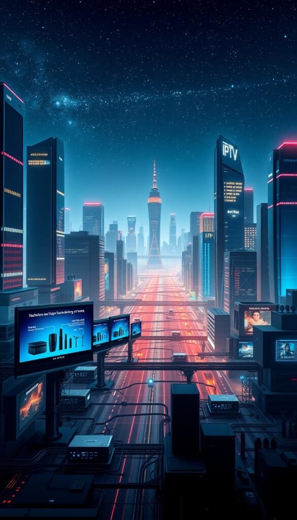 A futuristic, high-tech cityscape at night, with sleek skyscrapers and neon-lit streets. In the foreground, a series of digital screens display the evolution of IPTV technology, showcasing the Hoxtoon Provider brand and its cutting-edge services. The screens depict various stages of IPTV development, from early set-top boxes to modern streaming platforms, highlighting the increased resolution, connectivity, and personalization. The middle ground features a network of cables, satellite dishes, and servers, symbolizing the infrastructure that powers the IPTV ecosystem. In the background, a starry sky and futuristic cityscapes create a sense of progress and advancement, conveying the dynamic and ever-evolving nature of IPTV technology.