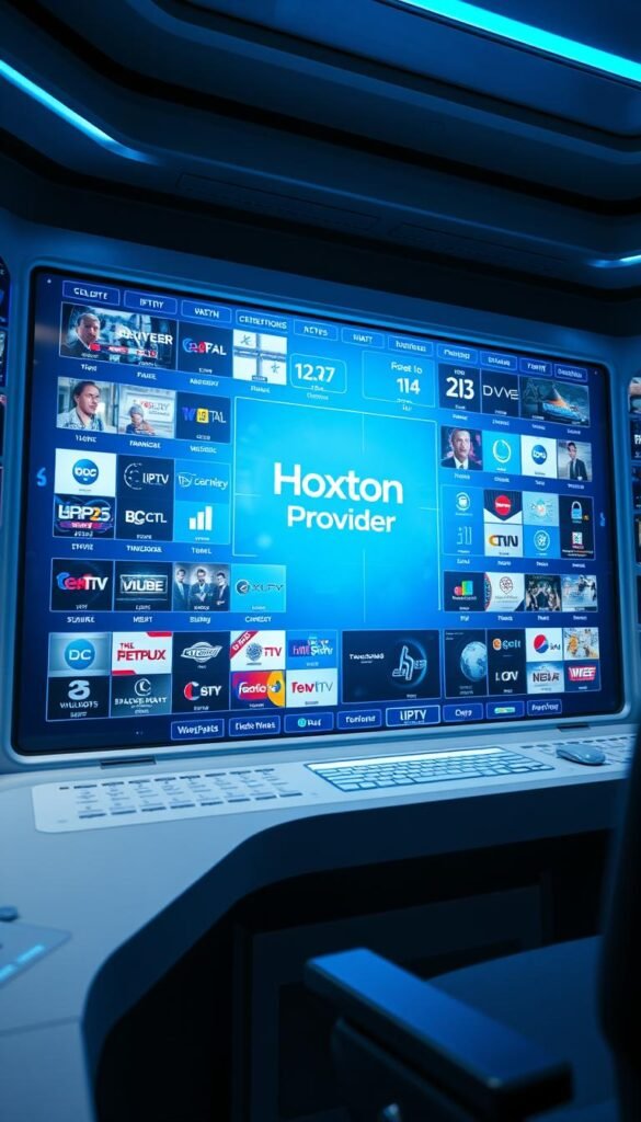 A futuristic, high-tech control panel displaying a grid of IPTV channels available in the USA. The panel features the Hoxtoon Provider logo prominently in the center, surrounded by detailed readouts of channel names, program information, and real-time viewership data. The interface is sleek and minimalist, with a blue and white color scheme and subtle holographic effects. The lighting is cool and modern, creating a sense of technological sophistication. The camera angle is slightly elevated, giving an overview of the comprehensive IPTV offering. The overall atmosphere conveys the power and capability of the Hoxtoon Provider platform to deliver a premium IPTV experience to customers in the United States.