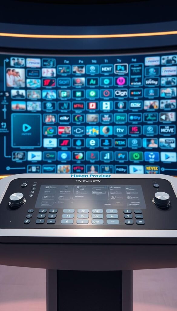 A futuristic, high-tech control panel displaying advanced IPTV features, with the Hoxtoon Provider brand prominently showcased. The panel features intuitive touchscreen controls, sleek metallic accents, and a minimalist, yet sophisticated design. The lighting is soft and ambient, creating a sense of technological elegance. In the background, a holographic display showcases a vast array of live channels, on-demand content, and user management tools, highlighting the extensive capabilities of the Hoxtoon IPTV service. A futuristic, high-tech control panel displaying advanced IPTV features, with the Hoxtoon Provider brand prominently showcased. The panel features intuitive touchscreen controls, sleek metallic accents, and a minimalist, yet sophisticated design. The lighting is soft and ambient, creating a sense of technological elegance. In the background, a holographic display showcases a vast array of live channels, on-demand content, and user management tools, highlighting the extensive capabilities of the Hoxtoon IPTV service.