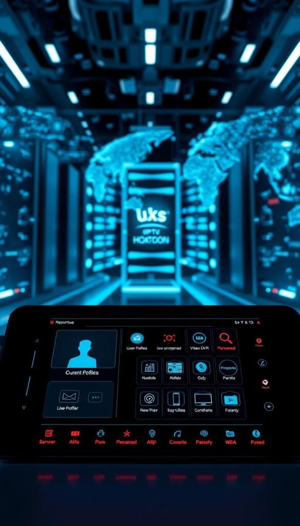 A futuristic, high-tech control panel showcasing the advanced features of the Hoxtoon Provider IPTV service. In the foreground, a sleek, minimalist display shows customizable user profiles, live channel guides, and personalized recommendations. The middle ground features intuitive icons for video-on-demand, cloud DVR, and parental controls, all bathed in a cool, blue-tinted lighting. In the background, a dynamic visualization of server infrastructure and global network connectivity underscores the robust technical capabilities of the Hoxtoon Provider platform. The overall scene conveys a sense of power, sophistication, and cutting-edge technology.