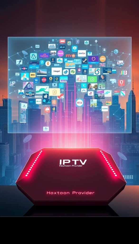 A futuristic, high-tech illustration of IPTV technology. In the foreground, a sleek, angular device emblazoned with the "Hoxtoon Provider" logo, its LED indicators pulsing with data signals. Behind it, a holographic display showcases a vast network of interconnected channels and on-demand content, rendered in vibrant, saturated colors. In the background, a cityscape of skyscrapers and satellite dishes, bathed in a warm, subdued lighting that creates a sense of depth and scale. The overall composition conveys the power, complexity, and growing prevalence of IPTV in the modern digital landscape.