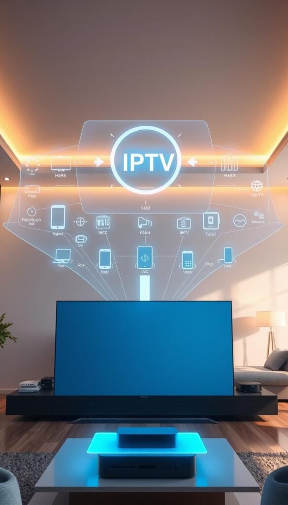 A futuristic, hyper-realistic illustration of IPTV technology. In the foreground, a sleek, minimalist smart TV displaying a crisp, high-definition image. Hovering above it, a holographic interface with intuitive controls and a Hoxtoon Provider logo. In the middle ground, a network of connected devices - smartphones, tablets, and streaming boxes - seamlessly integrating with the IPTV system. The background depicts a modern, tech-savvy living room, filled with ambient lighting and sleek, contemporary furniture. The scene conveys a sense of advanced, immersive entertainment and the evolution of television into a fully integrated, digital experience.