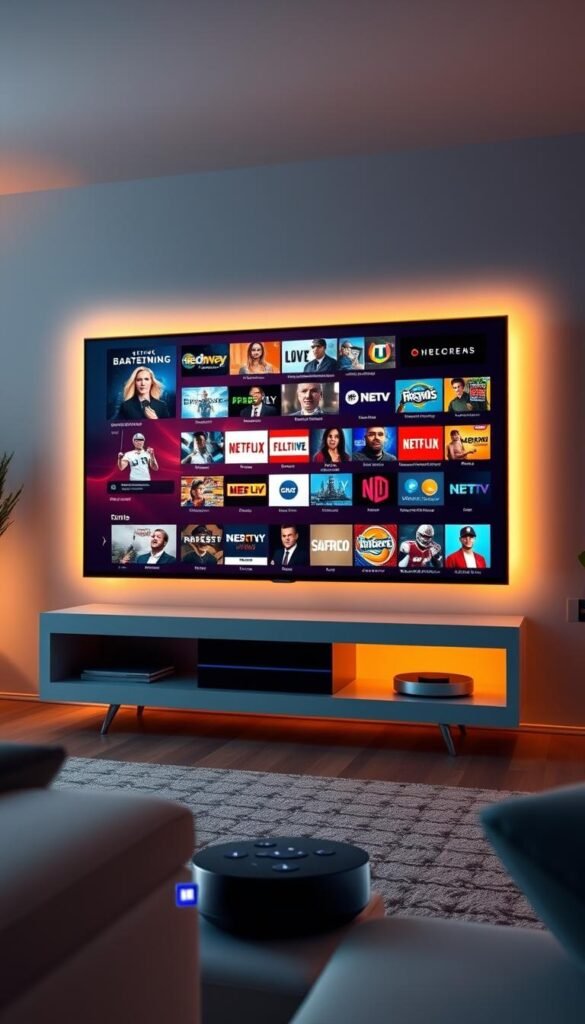 A futuristic, hyper-realistic image of a Roku TV displaying an impressive array of IPTV channels from the Hoxtoon Provider. The screen is showcased in a sleek, modern living room setting, with warm lighting and minimalist decor. The Roku device is prominently featured, seamlessly integrated into the scene. The channel selection is diverse, spanning entertainment, news, sports, and more, all rendered in vibrant, high-definition detail. The overall atmosphere conveys a sense of technological sophistication and the convenience of a comprehensive IPTV experience.