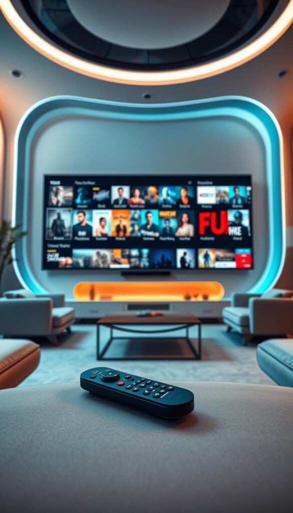 A futuristic living room with a large, immersive screen dominating the center, displaying a diverse selection of on-demand entertainment options. Ambient lighting creates a cozy, relaxing atmosphere, complemented by sleek, minimalist furniture in neutral tones. In the foreground, a Hoxtoon Provider remote control rests on a low coffee table, hinting at the user's easy access to a vast library of 150,000+ VODs. The scene conveys a sense of limitless entertainment choices, seamlessly integrated into a modern, sophisticated home environment.
