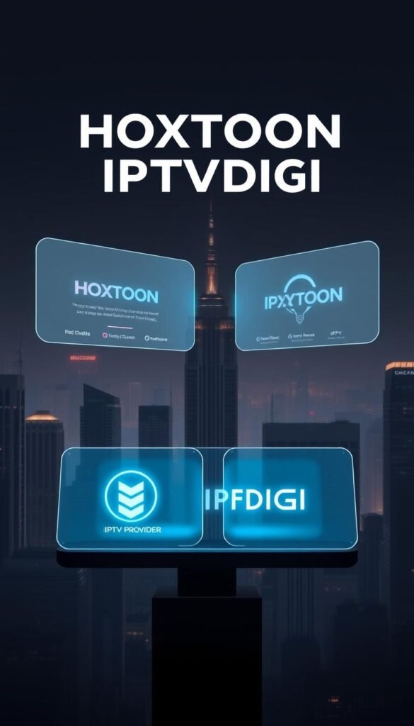 A futuristic, minimalist comparison of HOXTOON and IPTVDIGI IPTV service providers. The foreground features sleek, floating holographic displays showcasing their offerings, with clean typography and intuitive interfaces. The middle ground has two oversized, glowing icons representing the Hoxtoon Provider and IPTVDIGI brands. In the background, a cityscape of high-rise buildings in a muted color palette, with hints of neon lighting creating an atmospheric, high-tech ambiance. Dramatic lighting casts dramatic shadows, emphasizing the modern, cutting-edge nature of the services. The overall mood is one of technological sophistication and innovation.