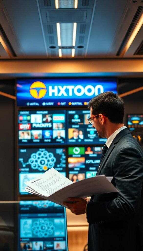 A futuristic office setting with a large display showcasing the Hoxtoon Provider brand and various IPTV channels. The scene is bathed in warm, subdued lighting, creating a professional and authoritative atmosphere. In the foreground, a businessperson reviews legal documents related to content licensing, while in the background, a network diagram and server racks indicate the technical infrastructure powering the IPTV service. The composition emphasizes the careful consideration and legal compliance required for a comprehensive IPTV offering.