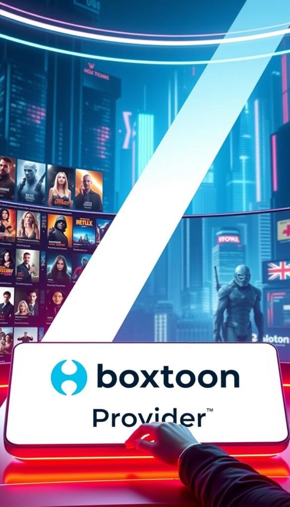 A futuristic on-demand entertainment platform with the Hoxtoon Provider brand prominently displayed. The foreground showcases a sleek, minimalist interface with a user navigating through a vast library of 150,000+ VODs. The middle ground features high-quality thumbnails and imagery representing the diverse content offerings, ranging from the latest blockbuster movies to captivating TV series. The background depicts a stylized, neon-infused cityscape, hinting at the urban, tech-savvy setting of this cutting-edge entertainment service. Lighting is crisp and vibrant, with a sense of dynamism and modernity. The overall composition conveys the seamless, on-demand experience that Hoxtoon Provider provides to its users.