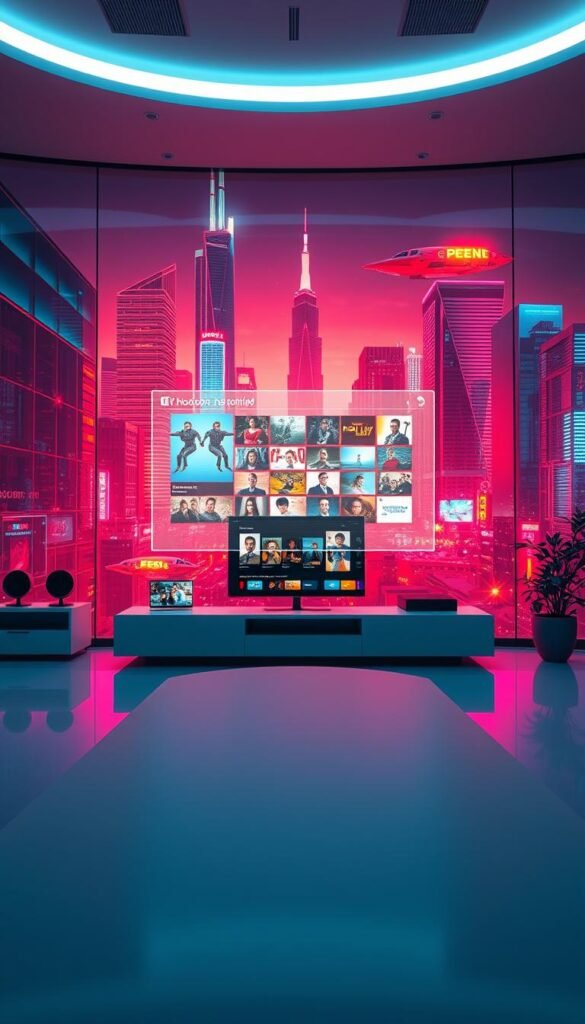 A futuristic scene of the Hoxtoon Provider IPTV service's catch-up TV capabilities. In the foreground, a sleek, holographic interface hovers over a minimalist home entertainment setup, displaying a wide array of on-demand content. The middle ground features a smooth, reflective surface, creating a sense of depth and advanced technology. In the background, a vibrant, neon-infused cityscape with towering skyscrapers and hovering vehicles sets the scene for the cutting-edge IPTV experience. The lighting is a balanced mix of warm and cool tones, highlighting the seamless integration of digital and physical elements. The overall mood is one of futuristic sophistication and the promise of a transformative IPTV catch-up service.