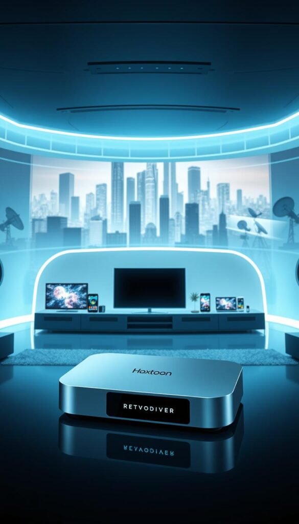 A futuristic scene of the evolution of television, showcasing the rise of IPTV. In the foreground, a modern, sleek Hoxtoon Provider set-top box takes center stage, its minimalist design and glowing display hinting at the advanced technology within. In the middle ground, a panoramic view of a living room reveals multiple screens - from a large flatscreen TV to smaller tablets and smartphones - all seamlessly connected, demonstrating the multi-device capabilities of Hoxtoon's IPTV service. The background features a stylized cityscape, with skyscrapers and satellite dishes, symbolizing the global connectivity that enables the future of television viewing. The scene is bathed in a cool, futuristic lighting, creating a sense of awe and wonder at the technological evolution unfolding before the viewer.