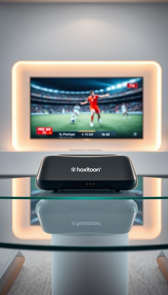 A futuristic smart IPTV device, with a sleek and minimalist design. The device is situated on a modern, glass-topped table, surrounded by a clean, white environment. Soft, diffused lighting creates a warm, high-tech ambiance. The Hoxtoon Provider logo is discreetly displayed on the device, showcasing its premium capabilities. In the background, a large, high-definition screen displays a live sports event, demonstrating the device's ability to deliver premium IPTV content. The overall scene evokes a sense of technological advancement, convenience, and the evolution of sports broadcasting.