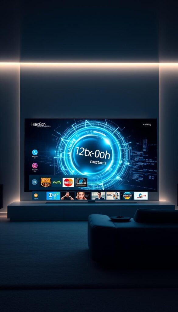 A futuristic smart TV interface showcasing the Hoxtoon Provider IPTV service. A sleek, minimalist display with a dark, high-tech aesthetic. In the foreground, a seamless menu system with vivid icons and intuitive navigation. In the middle ground, a large, high-definition video player showcasing crisp, vibrant content. The background features a dynamic, holographic-like visualization of streaming data, pulsing with energy. Soft, moody lighting illuminates the scene, creating a sense of depth and atmosphere. The overall impression is one of advanced, cutting-edge technology that promises an immersive and user-friendly IPTV experience.