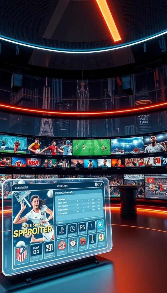 A futuristic sports entertainment hub showcasing the vast array of IPTV sports channels available through the Hoxtoon Provider platform. In the foreground, a sleek, holographic display presents an interactive M3U interface, inviting viewers to explore the comprehensive sports coverage. The middle ground features high-definition action shots of various sporting events, creating an immersive atmosphere. The background is a dynamic, neon-lit cityscape, symbolizing the global reach and connectivity of the Hoxtoon IPTV ecosystem. The lighting is a balance of warm and cool tones, creating a visually striking and technologically advanced scene that reflects the all-encompassing sports entertainment experience offered by the Hoxtoon Provider.