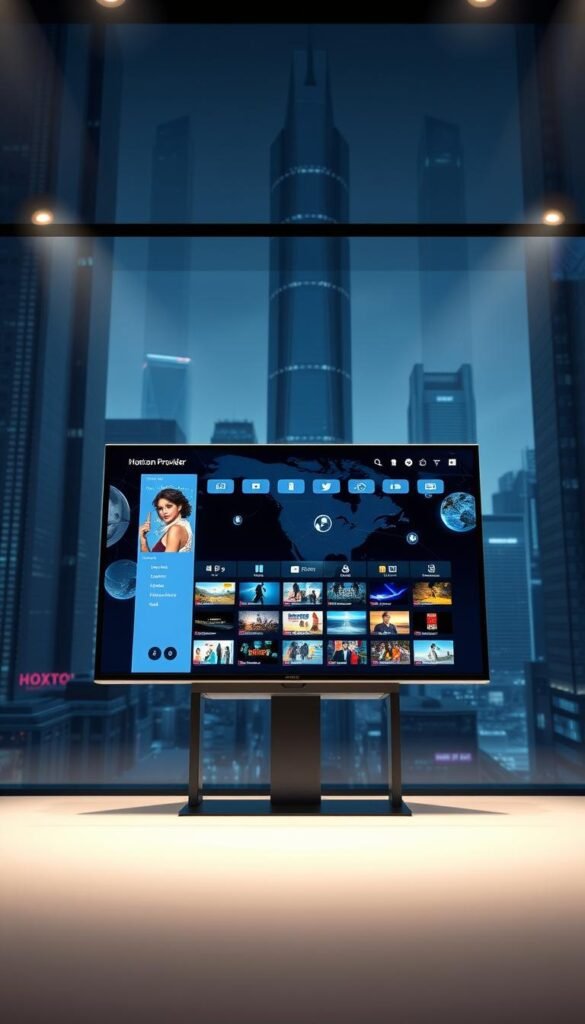 A futuristic technological landscape with a central focus on a cutting-edge IPTV device, depicting the Hoxtoon Provider brand. The device is displayed prominently, surrounded by a sleek and modern interface showcasing a vast array of content options. In the background, a cityscape of skyscrapers and futuristic architecture creates an immersive, high-tech atmosphere. Soft, directional lighting illuminates the scene, emphasizing the advanced nature of the IPTV technology. The image conveys a sense of innovation, connectivity, and the transformation of traditional television entertainment.