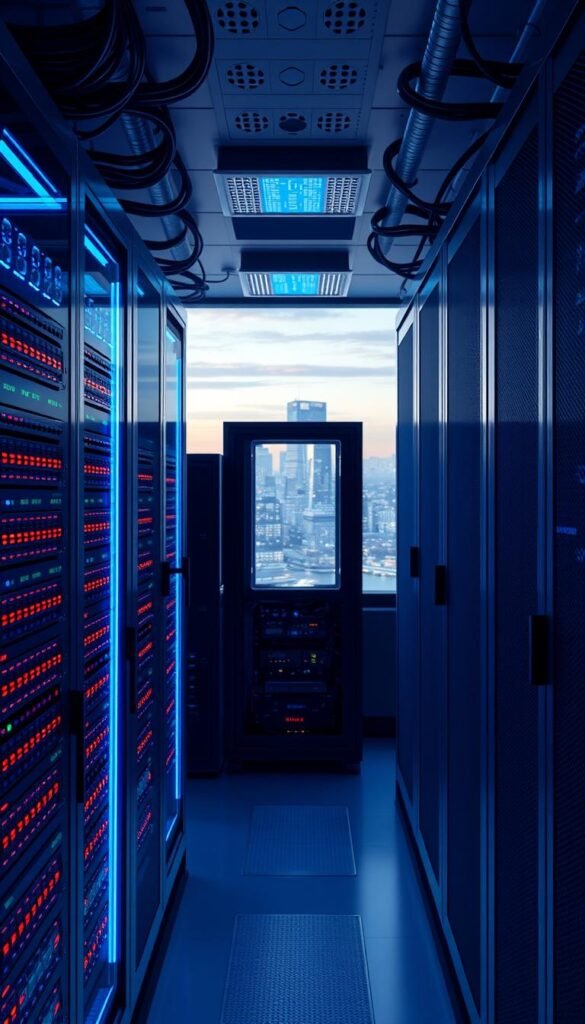 A futuristic, technologically advanced data center showcasing the Hoxtoon Provider IPTV service. In the foreground, a sleek rack of servers glows with vibrant LED lights, symbolizing the powerful infrastructure powering the IPTV network. In the middle ground, intricate wiring and networking equipment convey the complexity of the IPTV technology. The background features a panoramic view of a modern city skyline, hinting at the widespread availability and accessibility of the Hoxtoon Provider IPTV service. The scene is bathed in a cool, blue-tinted lighting, creating a professional, cutting-edge atmosphere.