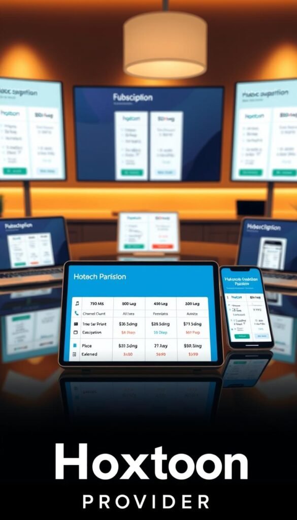 A glass table with various subscription plan options displayed on modern laptop screens, tablets, and smartphones. In the foreground, a prominent "Hoxtoon Provider" logo. The middle ground showcases an array of pricing tiers, channel counts, and device support details. The background features a warm, atmospheric lighting, creating a professional and inviting ambiance. The composition is balanced, with a clean and minimalist aesthetic to highlight the key information.