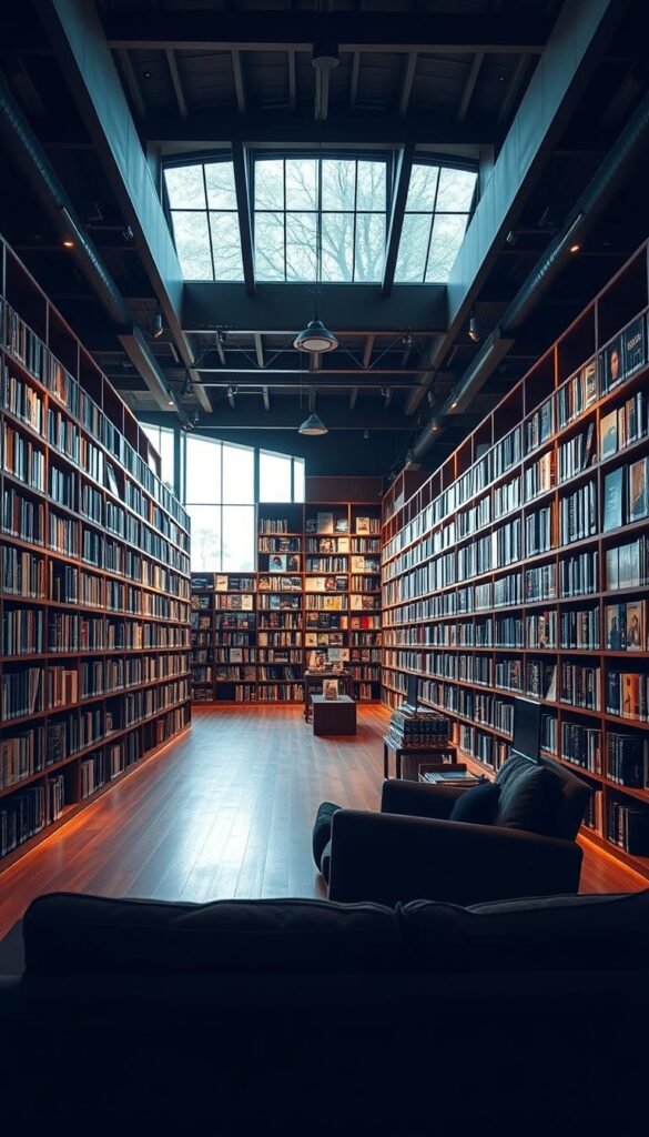 A grand and expansive library of Hoxtoon Provider's vast on-demand video collection, illuminated by soft, warm lighting that casts a cozy ambiance. Rows of wooden shelves stretch into the distance, filled with an endless array of movie titles and TV show covers, each one a gateway to a new world of entertainment. The space is airy and inviting, with large windows that allow natural light to filter in, creating a sense of openness and tranquility. In the foreground, a comfortable seating area invites viewers to browse and discover their next binge-worthy title from Hoxtoon Provider's unparalleled 150,000+ VOD library.