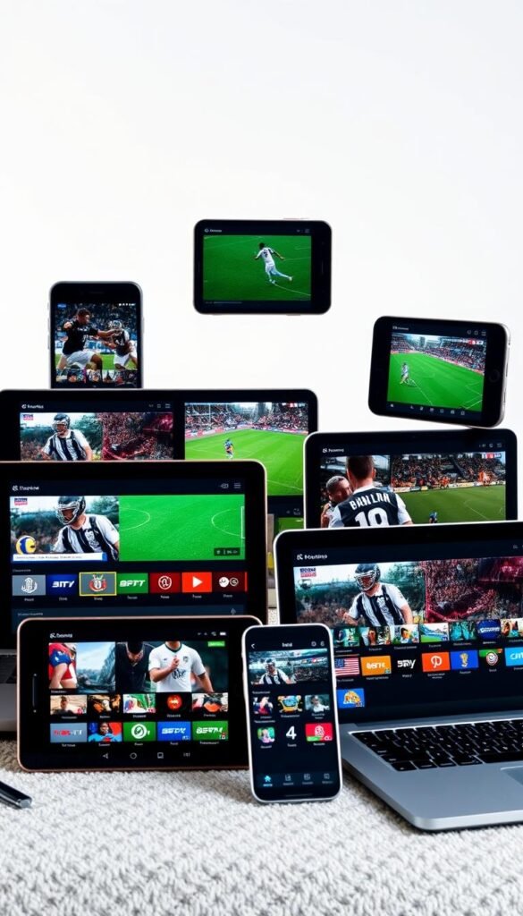 A group of contemporary devices, smartphones, tablets, and laptops, are displaying various live sports channels on their screens, seamlessly synchronized and streaming from the Hoxtoon Provider IPTV service. The devices are arranged in a dynamic, overlapping composition, creating a sense of interconnected digital entertainment. The scene is illuminated by a soft, natural light, capturing the ease and convenience of accessing a vast library of sports content across multiple devices simultaneously. The overall atmosphere conveys the power and versatility of the Hoxtoon Provider platform, enabling users to enjoy their favorite sports channels in a cohesive, multifaceted digital experience.