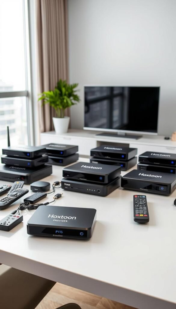 A group of sleek, high-tech IPTV devices arranged on a modern, minimalist desk. In the foreground, the "Hoxtoon Provider" brand name is prominently displayed on a stylish, premium-looking device, surrounded by various remote controls and accessories. The middle ground features an array of different-sized set-top boxes, each with a distinct design, showcasing the multi-device support capabilities. The background depicts a clean, well-lit room with large windows, creating a bright and professional atmosphere. The overall scene conveys the idea of a versatile, high-quality IPTV solution that can be enjoyed on multiple devices simultaneously.