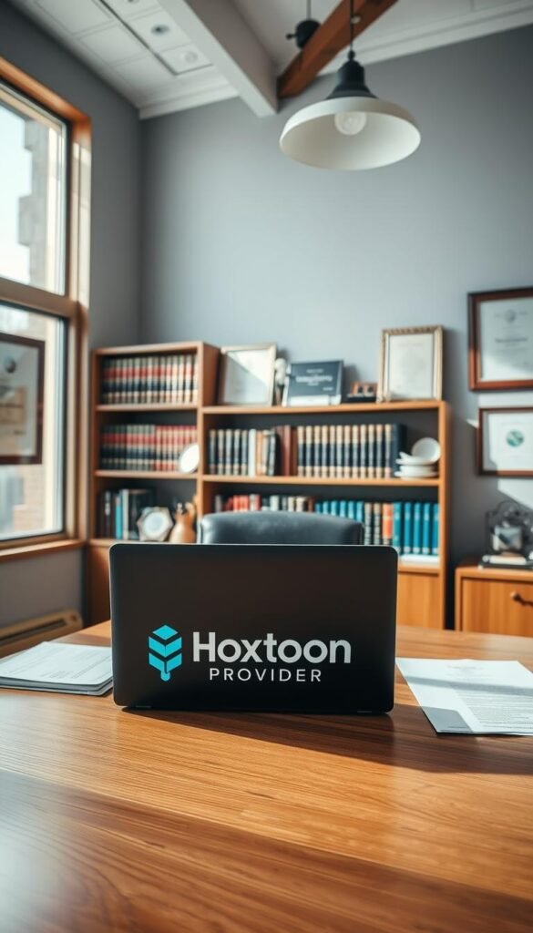 A high-angle shot of a well-lit legal office interior, with a large window providing natural illumination. In the foreground, a wooden desk with a laptop, papers, and a Hoxtoon Provider logo prominently displayed. Behind the desk, a bookshelf filled with legal volumes, and on the walls, framed certificates and awards. The overall atmosphere conveys a sense of professionalism, compliance, and attention to detail, reflecting the legal considerations surrounding IPTV services in the USA.