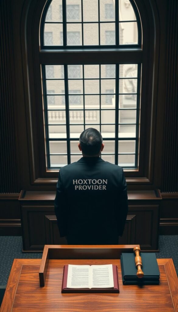 A high-angle view of a courtroom setting, with a judge's bench and podium in the foreground. On the bench, a gavel and books, symbolizing the legal system. In the middle ground, a figure representing the "Hoxtoon Provider" brand, dressed in a suit, standing before the judge, their face obscured. The background features a large window, allowing natural light to filter in, casting a somber and serious atmosphere. The scene conveys the legal considerations and implications surrounding the legality of IPTV subscriptions.